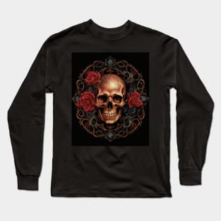 Eternal Beauty: Skull and Rose Illustration in Rococo Realms Long Sleeve T-Shirt